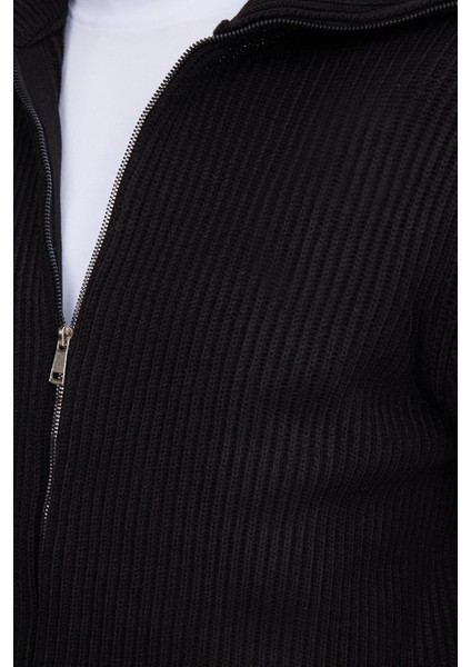 Erkek Slim Fit Dik Yaka Fermuarlı Siyah Düz Hırka modelleri