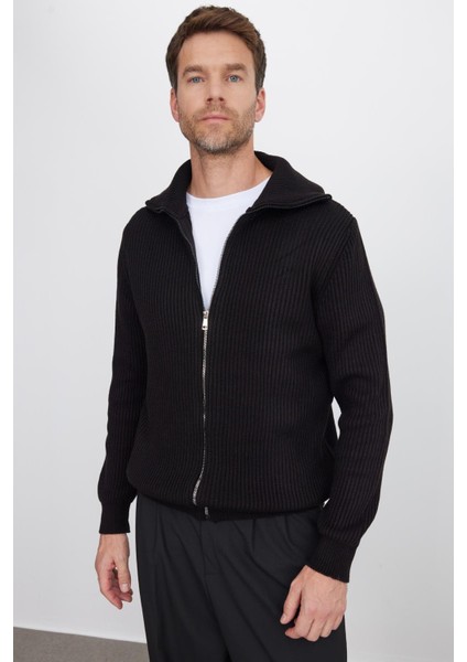 Erkek Slim Fit Dik Yaka Fermuarlı Siyah Düz Hırka