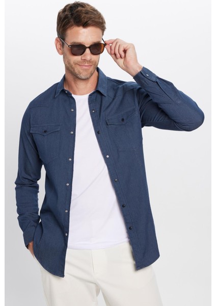 Erkek Slim Fit Dar Kesim Çift Cepli Denim Kot Lacivert Gömlek fiyatları
