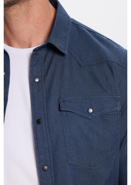 Erkek Slim Fit Dar Kesim Çift Cepli Denim Kot Lacivert Gömlek modelleri