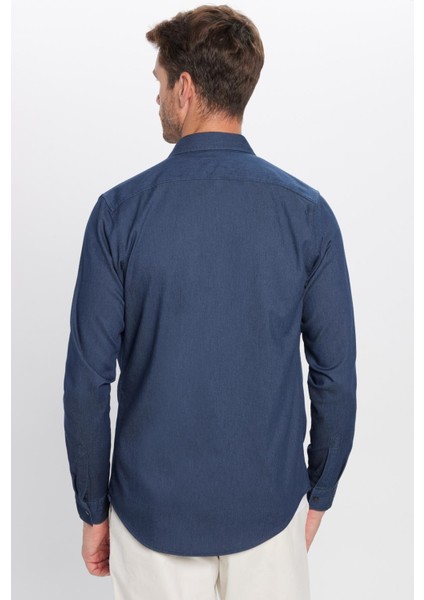Erkek Slim Fit Dar Kesim Çift Cepli Denim Kot Lacivert Gömlek