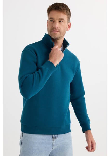 Unisex Relax Fit Rahat Kesim Pamuklu İçi Polarlı Yarım Fermuarlı İndigo Dik Yaka Sweatshirt fiyatları
