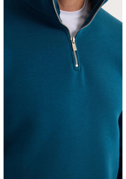 Unisex Relax Fit Rahat Kesim Pamuklu İçi Polarlı Yarım Fermuarlı İndigo Dik Yaka Sweatshirt modelleri