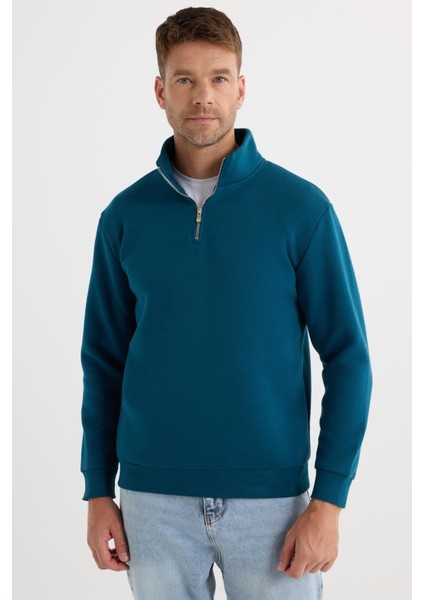 Unisex Relax Fit Rahat Kesim Pamuklu İçi Polarlı Yarım Fermuarlı İndigo Dik Yaka Sweatshirt fırsatları