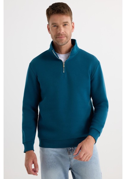 Unisex Relax Fit Rahat Kesim Pamuklu İçi Polarlı Yarım Fermuarlı İndigo Dik Yaka Sweatshirt indirimleri