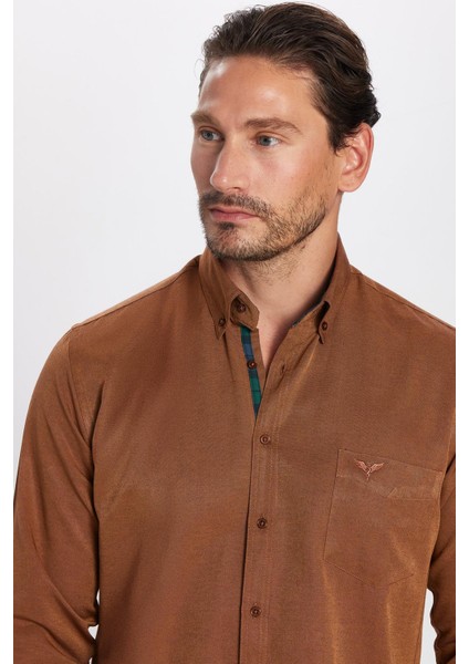 Erkek Regular Fit Klasik Kesim Düğmeli Yaka Pamuklu Kolay Ütü Oxford Düz Kahverengi Gömlek fiyatları