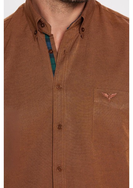 Erkek Regular Fit Klasik Kesim Düğmeli Yaka Pamuklu Kolay Ütü Oxford Düz Kahverengi Gömlek modelleri