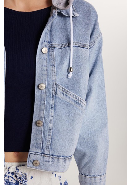 Kadın Regular Fit %100 Pamuk Çıkarılabilir Kapşonlu Mavi Gömlek fiyatları