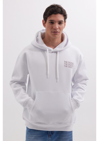 Unisex Oversize Geniş Kesim Pamuklu Yumuşak Dokulu İçi Polarlı Baskılı Beyaz Kapüşonlu Sweatshirt fiyatları