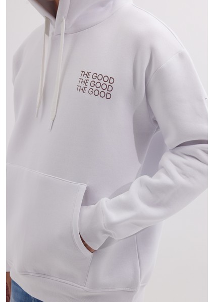 Unisex Oversize Geniş Kesim Pamuklu Yumuşak Dokulu İçi Polarlı Baskılı Beyaz Kapüşonlu Sweatshirt modelleri