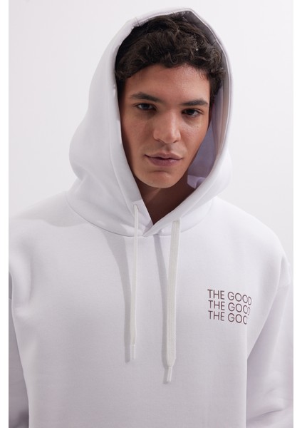 Unisex Oversize Geniş Kesim Pamuklu Yumuşak Dokulu İçi Polarlı Baskılı Beyaz Kapüşonlu Sweatshirt indirimleri