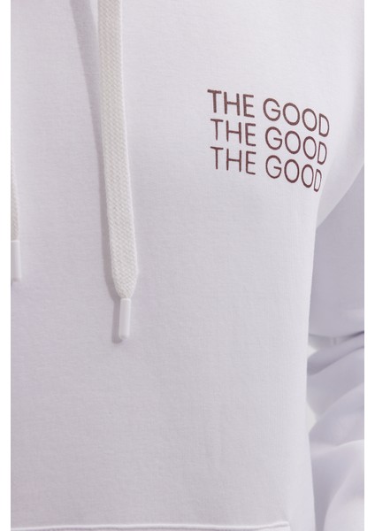 Unisex Oversize Geniş Kesim Pamuklu Yumuşak Dokulu İçi Polarlı Baskılı Beyaz Kapüşonlu Sweatshirt