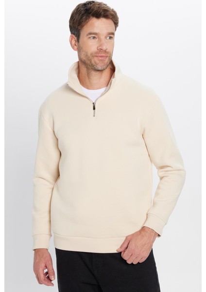 Relax Fit Rahat Kesim Pamuklu Içi Polarlı Yarım Fermuarlı Ekru Dik Yaka Sweatshirt fiyatları