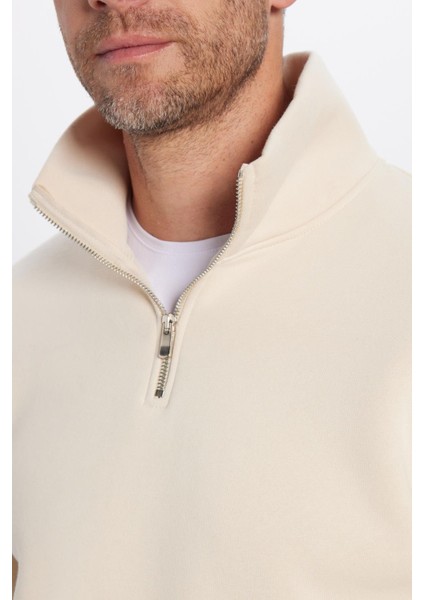 Relax Fit Rahat Kesim Pamuklu Içi Polarlı Yarım Fermuarlı Ekru Dik Yaka Sweatshirt modelleri