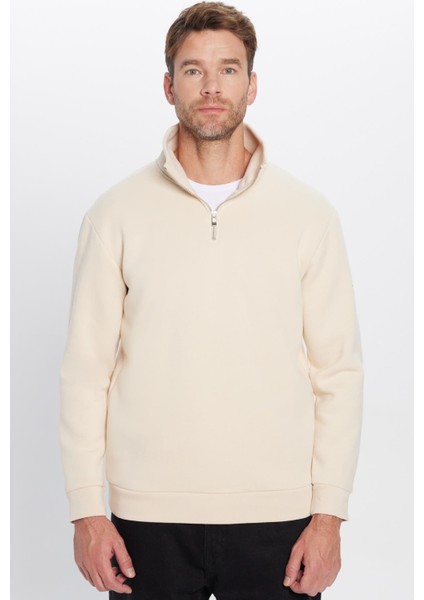 Relax Fit Rahat Kesim Pamuklu Içi Polarlı Yarım Fermuarlı Ekru Dik Yaka Sweatshirt fırsatları
