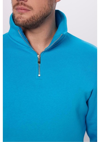 Unisex Relax Fit Rahat Kesim Pamuklu Içi Polarlı Yarım Fermuarlı Turkuaz Dik Yaka Sweatshirt fırsatları
