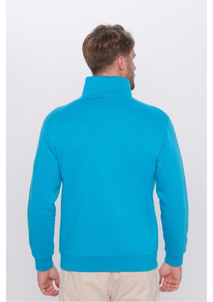Unisex Relax Fit Rahat Kesim Pamuklu Içi Polarlı Yarım Fermuarlı Turkuaz Dik Yaka Sweatshirt indirimleri