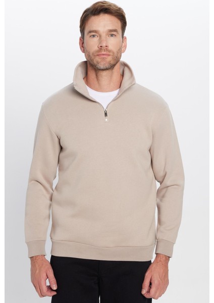 Relax Fit Rahat Kesim Pamuklu Içi Polarlı Yarım Fermuarlı Taş Renk Dik Yaka Sweatshirt fiyatları