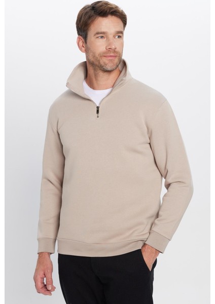 Relax Fit Rahat Kesim Pamuklu Içi Polarlı Yarım Fermuarlı Taş Renk Dik Yaka Sweatshirt modelleri