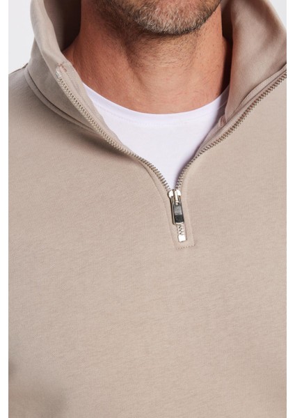 Relax Fit Rahat Kesim Pamuklu Içi Polarlı Yarım Fermuarlı Taş Renk Dik Yaka Sweatshirt fırsatları