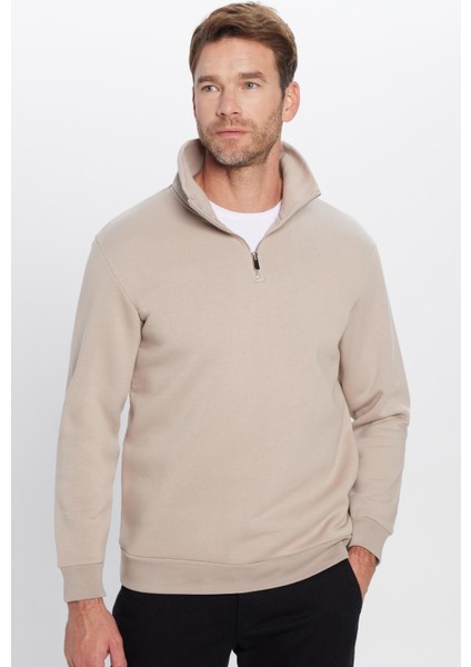 Relax Fit Rahat Kesim Pamuklu Içi Polarlı Yarım Fermuarlı Taş Renk Dik Yaka Sweatshirt indirimleri