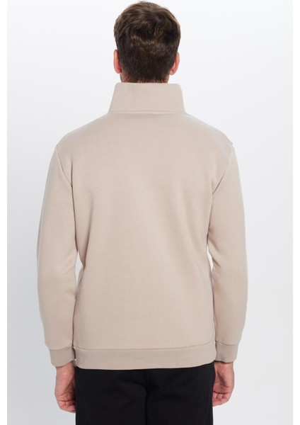 Relax Fit Rahat Kesim Pamuklu Içi Polarlı Yarım Fermuarlı Taş Renk Dik Yaka Sweatshirt
