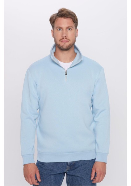 Unisex Relax Fit Rahat Kesim Pamuklu İçi Polarlı Yarım Fermuarlı Mavi Dik Yaka Sweatshirt fiyatları