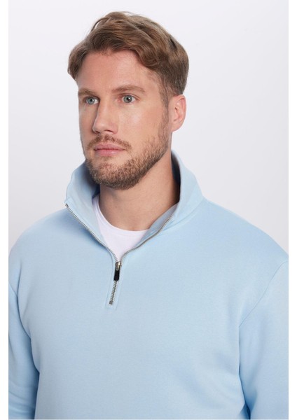 Unisex Relax Fit Rahat Kesim Pamuklu İçi Polarlı Yarım Fermuarlı Mavi Dik Yaka Sweatshirt modelleri