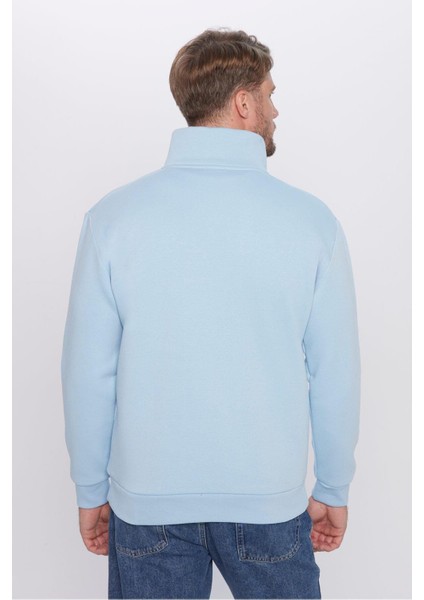 Unisex Relax Fit Rahat Kesim Pamuklu İçi Polarlı Yarım Fermuarlı Mavi Dik Yaka Sweatshirt fırsatları