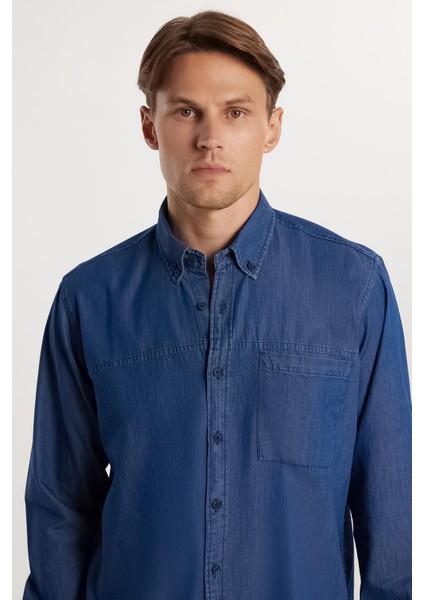 Regular Fit Rahat Kesim Cepli Denim Düğmeli Yaka Mavi Kot Gömlek fiyatları