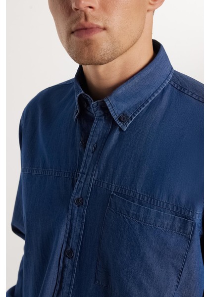 Regular Fit Rahat Kesim Cepli Denim Düğmeli Yaka Mavi Kot Gömlek modelleri