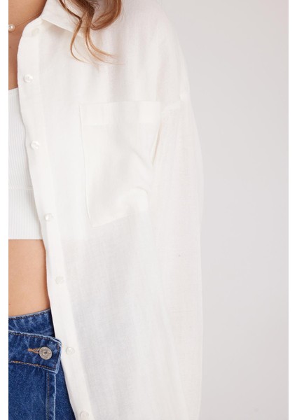 Kadın Oversize Geniş Kesim %100 Pamuk Müslin Kumaş Uzun Kollu Cepli Dokulu Ekru Gömlek modelleri