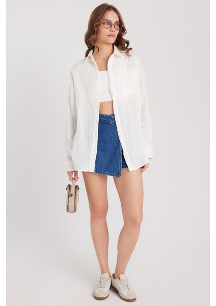 Kadın Oversize Geniş Kesim %100 Pamuk Müslin Kumaş Uzun Kollu Cepli Dokulu Ekru Gömlek fırsatları