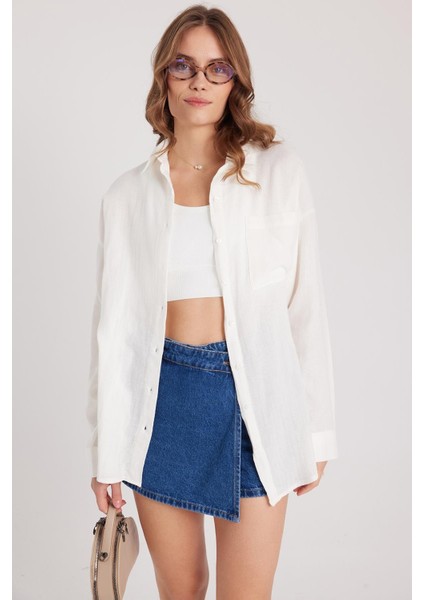 Kadın Oversize Geniş Kesim %100 Pamuk Müslin Kumaş Uzun Kollu Cepli Dokulu Ekru Gömlek indirimleri