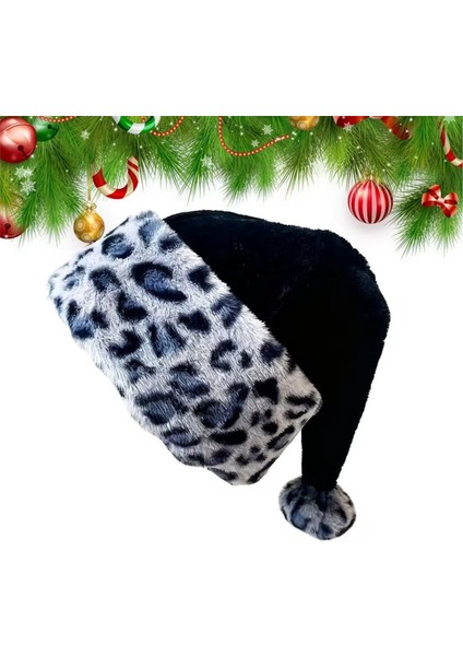 Noel Noel Baba Şapkası Çift Katmanlı Şık Yumuşak Leopar Baskı Peluş Noel Baba Şapkası Fotoğraf Geçit Töreni Cosplay Parti A (Yurt Dışından)