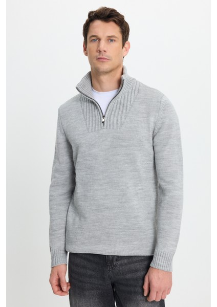 Erkek Slim Fit Dar Kesim Armürlü Fermuarlı Gri Dik Yaka Kazak fırsatları