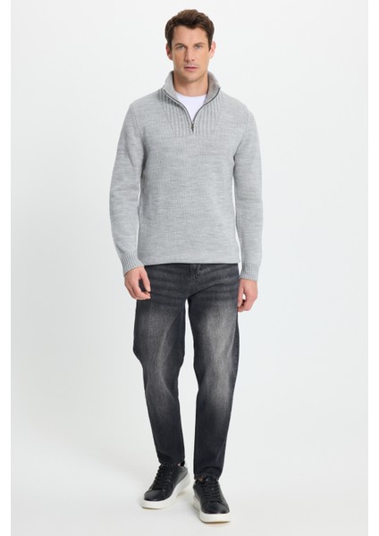 Erkek Slim Fit Dar Kesim Armürlü Fermuarlı Gri Dik Yaka Kazak indirimleri