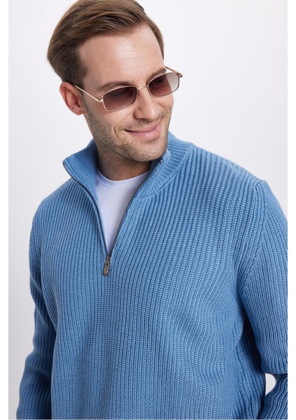 Erkek 3'lü Paket İndigo-Vizon-Lacivert Slim Fit Dar Kesim Fermuarlı Dik Yaka Triko Kazak fiyatları