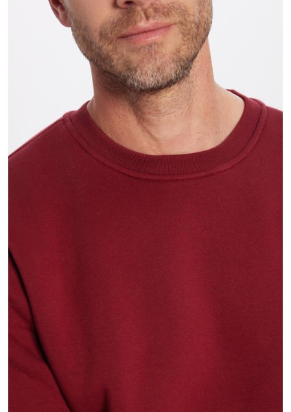 Unisex Relax Fit Rahat Kesim Pamuklu Yumuşak Dokulu İçi Polarlı Basic Bordo Bisiklet Yaka Sweatshirt fırsatları