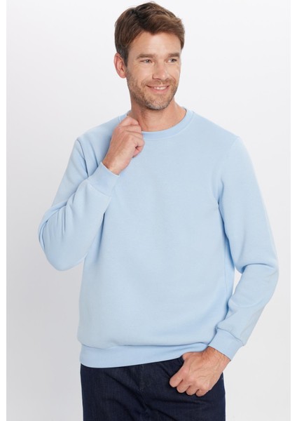 Unisex Relax Fit Rahat Kesim Pamuklu Yumuşak Dokulu İçi Polarlı Basic Mavi Bisiklet Yaka Sweatshirt fiyatları