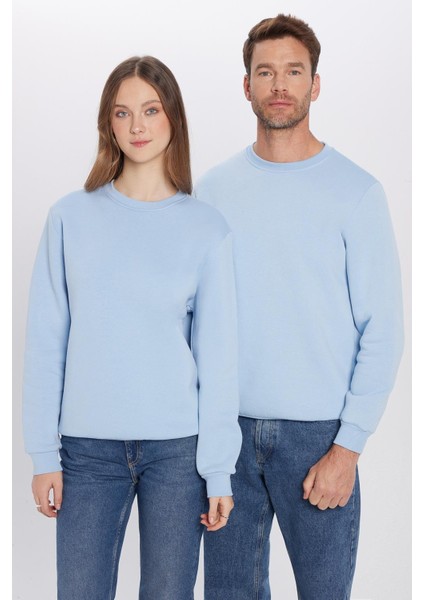 Unisex Relax Fit Rahat Kesim Pamuklu Yumuşak Dokulu İçi Polarlı Basic Mavi Bisiklet Yaka Sweatshirt modelleri