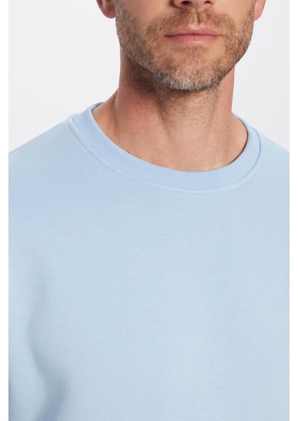 Unisex Relax Fit Rahat Kesim Pamuklu Yumuşak Dokulu İçi Polarlı Basic Mavi Bisiklet Yaka Sweatshirt indirimleri