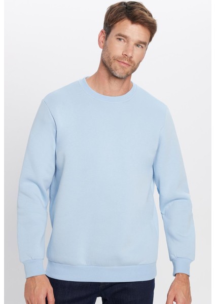 Unisex Relax Fit Rahat Kesim Pamuklu Yumuşak Dokulu İçi Polarlı Basic Mavi Bisiklet Yaka Sweatshirt