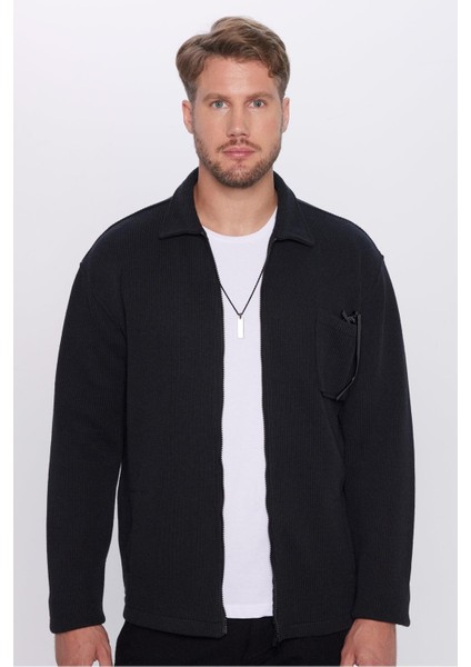 Erkek Relax Fit Rahat Kesim Örme Fermuarlı Cepli Kışlık Siyah Klasik Yaka Gömlek
