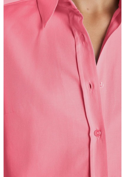 Kadın Slim Fit Dar Kesim Uzun Kollu Pamuklu Vücuda Oturan Dokulu Pembe Basic Gömlek fiyatları