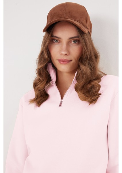 Kadın Relax Fit Rahat Kesim Pamuklu İçi Polarlı Yarım Fermuarlı Pembe Dik Yaka Sweatshirt fiyatları