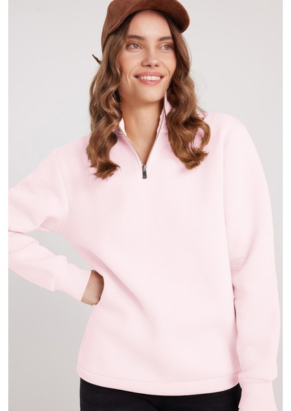 Kadın Relax Fit Rahat Kesim Pamuklu İçi Polarlı Yarım Fermuarlı Pembe Dik Yaka Sweatshirt fırsatları