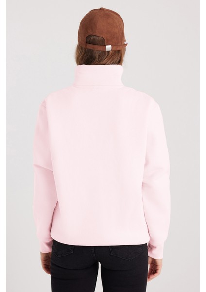 Kadın Relax Fit Rahat Kesim Pamuklu İçi Polarlı Yarım Fermuarlı Pembe Dik Yaka Sweatshirt indirimleri