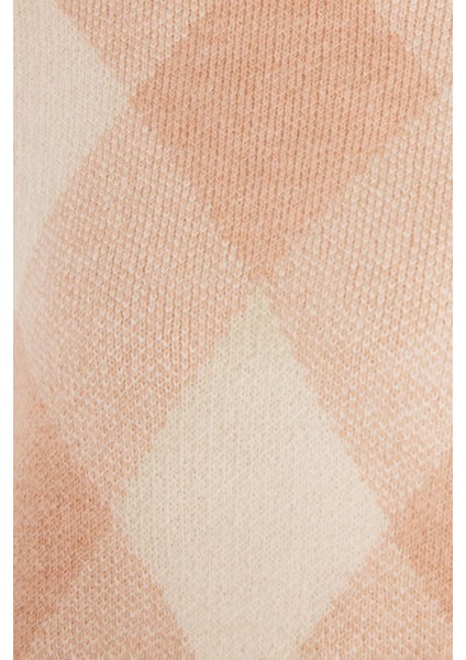 Kadın Slim Fit Dar Kesim Bisiklet Yaka Desenli Pudra Kazak