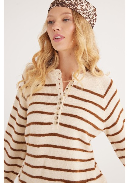 Kadın Regular Fit Klasik Kesim Düğmeli Yaka Kahverengi Çizgili Kazak fiyatları